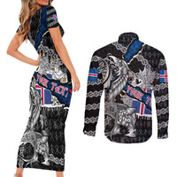 Personalized Iceland Vikings Couples Matching Short Sleeve Bodycon Dress and Long Sleeve Button Shirt Nordic Lion Bound in Runes and Chains