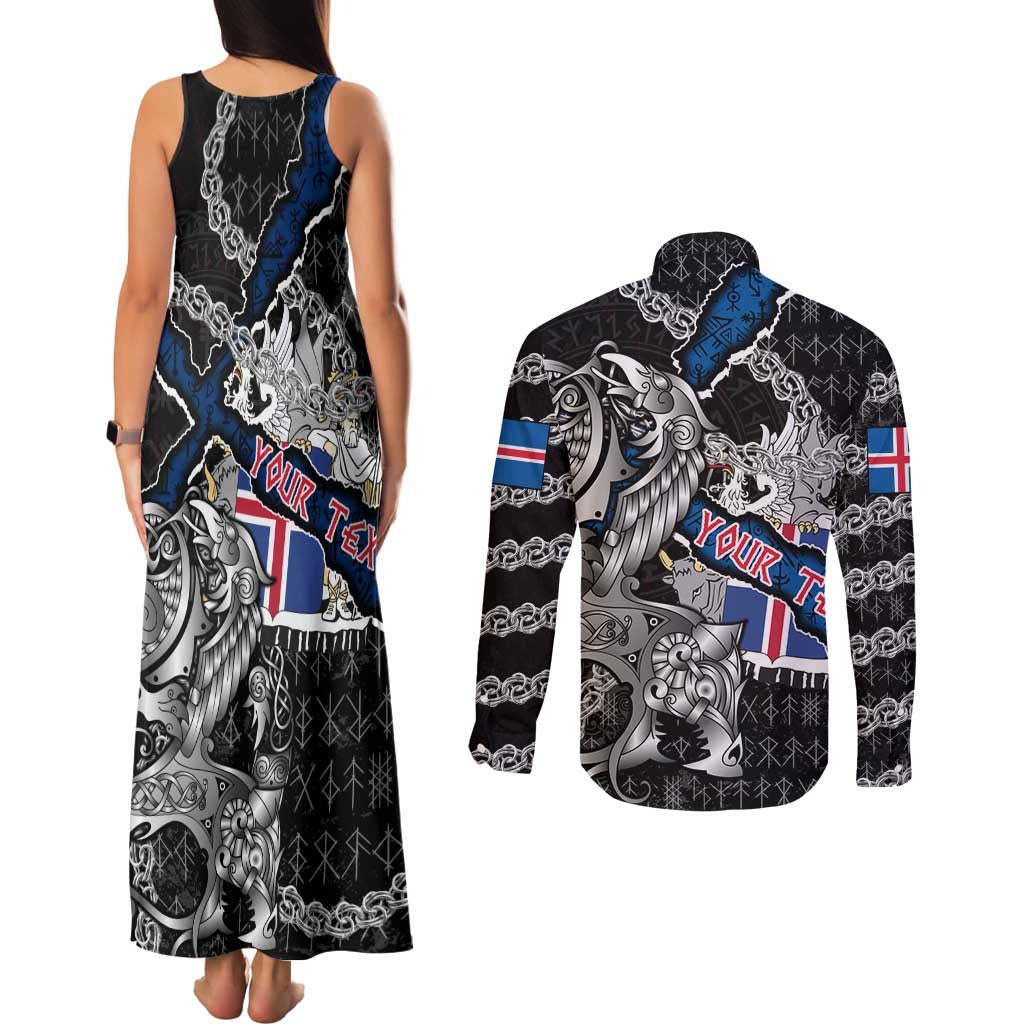 Personalized Iceland Vikings Couples Matching Tank Maxi Dress and Long Sleeve Button Shirt Nordic Lion Bound in Runes and Chains