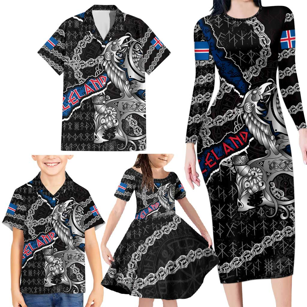 Personalized Iceland Vikings Family Matching Long Sleeve Bodycon Dress and Hawaiian Shirt Nordic Lion Bound in Runes and Chains