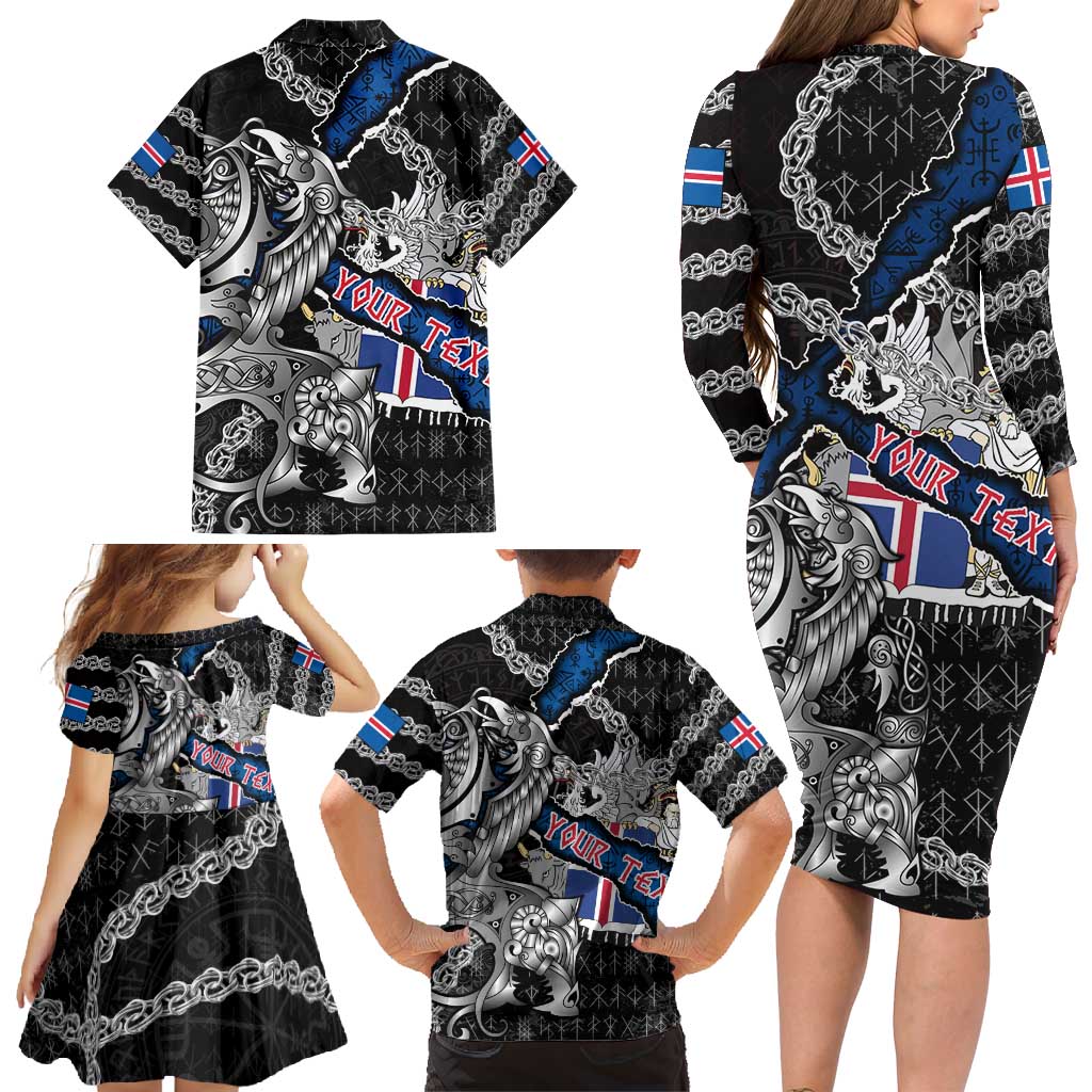 Personalized Iceland Vikings Family Matching Long Sleeve Bodycon Dress and Hawaiian Shirt Nordic Lion Bound in Runes and Chains