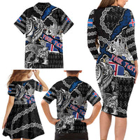 Personalized Iceland Vikings Family Matching Long Sleeve Bodycon Dress and Hawaiian Shirt Nordic Lion Bound in Runes and Chains