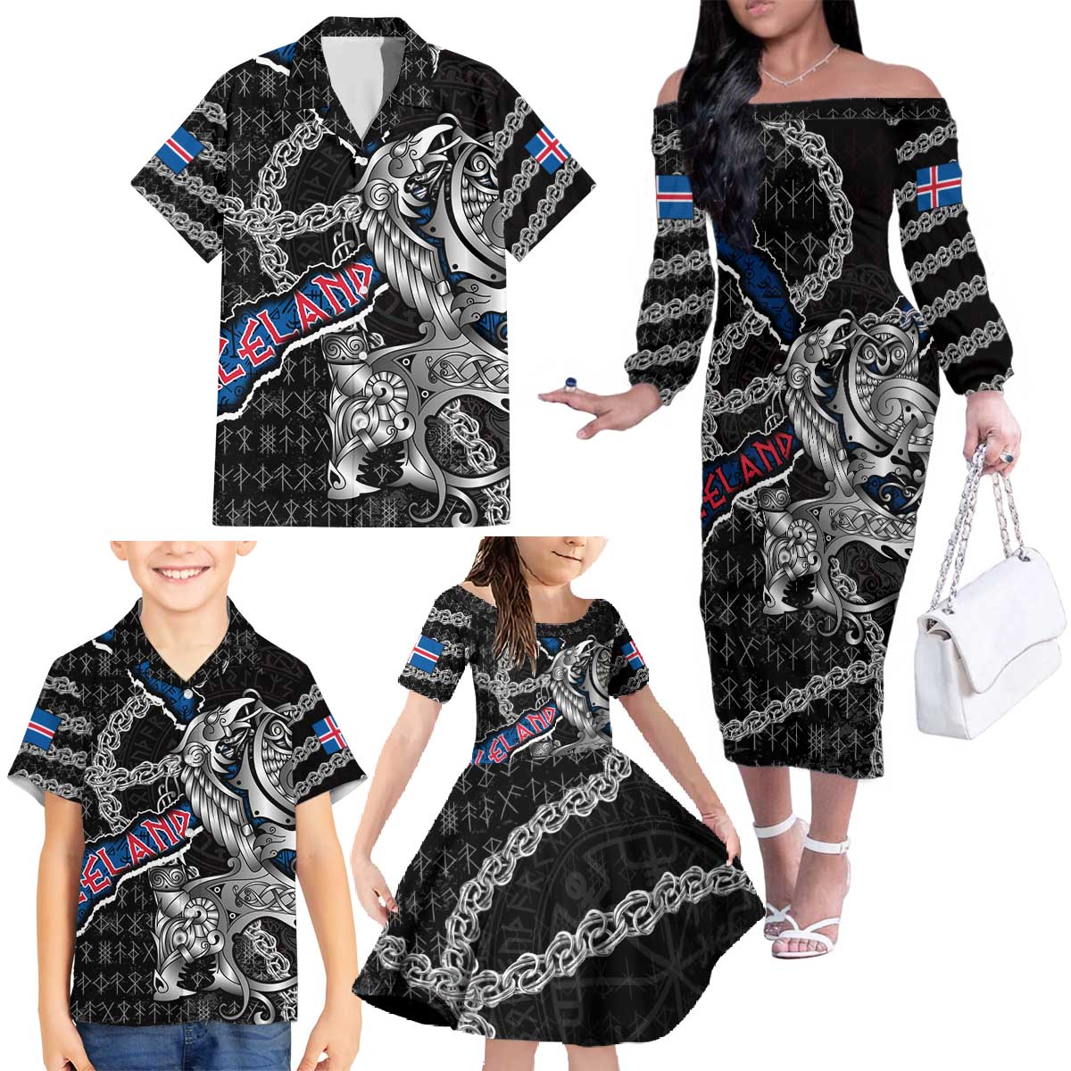 Personalized Iceland Vikings Family Matching Off The Shoulder Long Sleeve Dress and Hawaiian Shirt Nordic Lion Bound in Runes and Chains