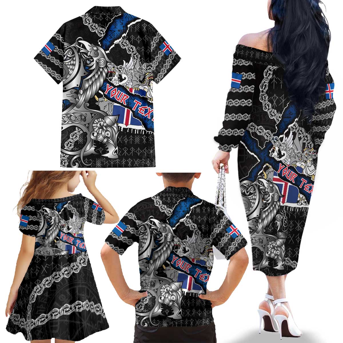 Personalized Iceland Vikings Family Matching Off The Shoulder Long Sleeve Dress and Hawaiian Shirt Nordic Lion Bound in Runes and Chains