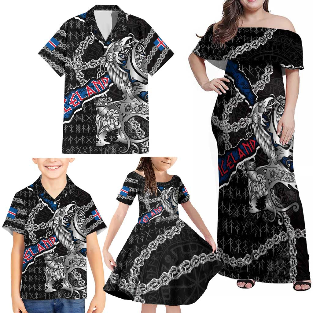 Personalized Iceland Vikings Family Matching Off Shoulder Maxi Dress and Hawaiian Shirt Nordic Lion Bound in Runes and Chains