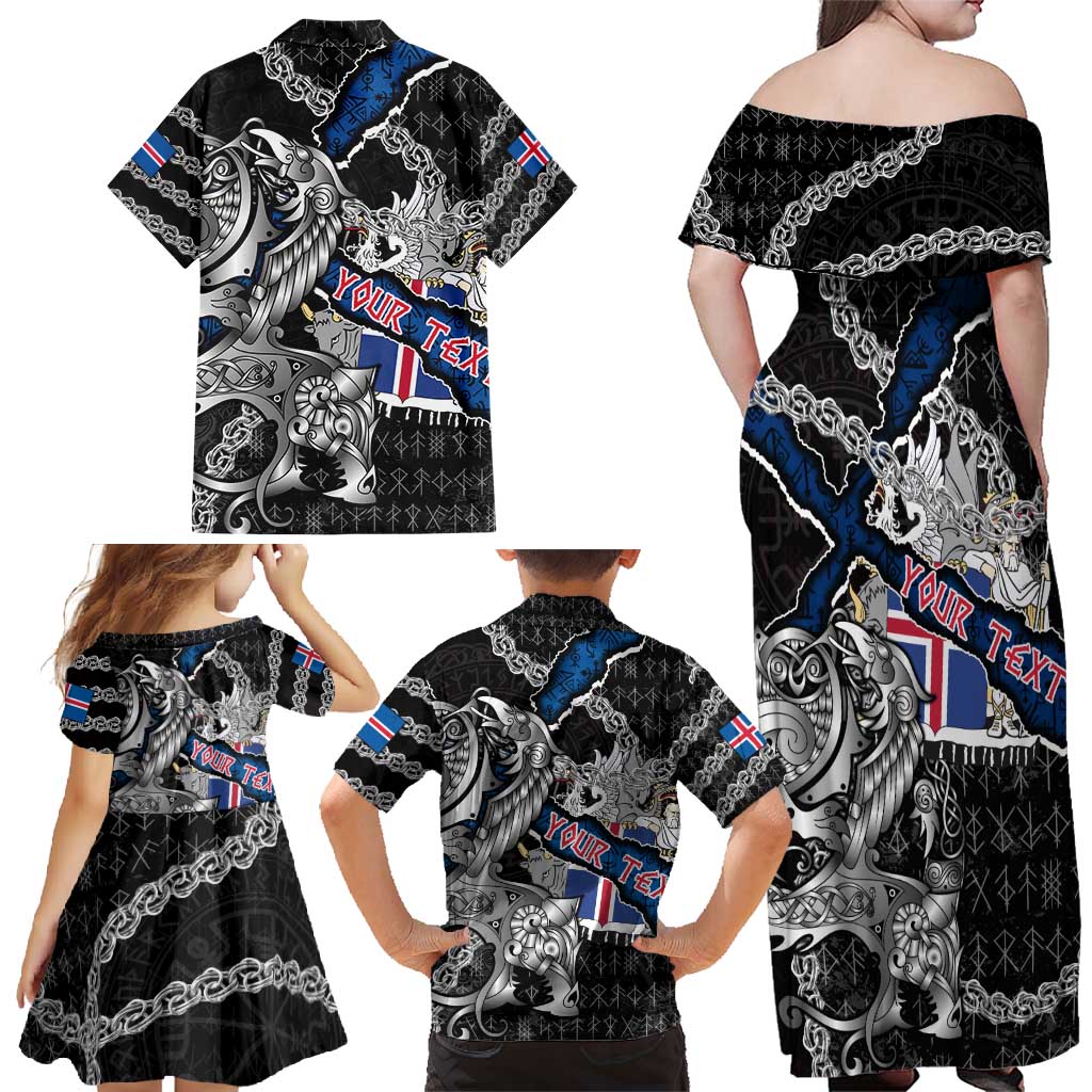 Personalized Iceland Vikings Family Matching Off Shoulder Maxi Dress and Hawaiian Shirt Nordic Lion Bound in Runes and Chains
