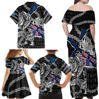Personalized Iceland Vikings Family Matching Off Shoulder Maxi Dress and Hawaiian Shirt Nordic Lion Bound in Runes and Chains