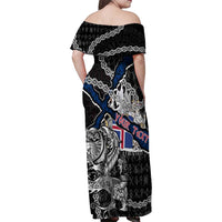 Personalized Iceland Vikings Family Matching Off Shoulder Maxi Dress and Hawaiian Shirt Nordic Lion Bound in Runes and Chains