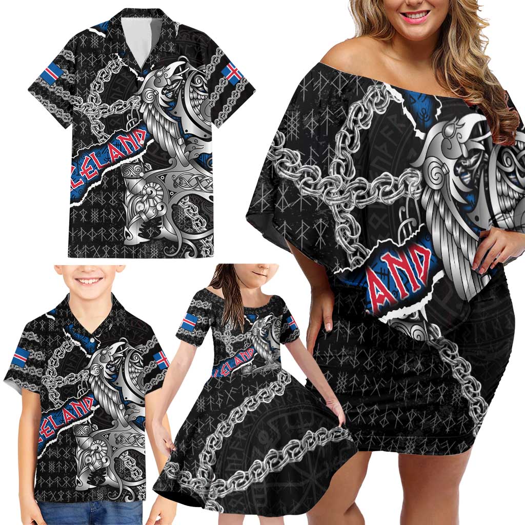 Personalized Iceland Vikings Family Matching Off Shoulder Short Dress and Hawaiian Shirt Nordic Lion Bound in Runes and Chains