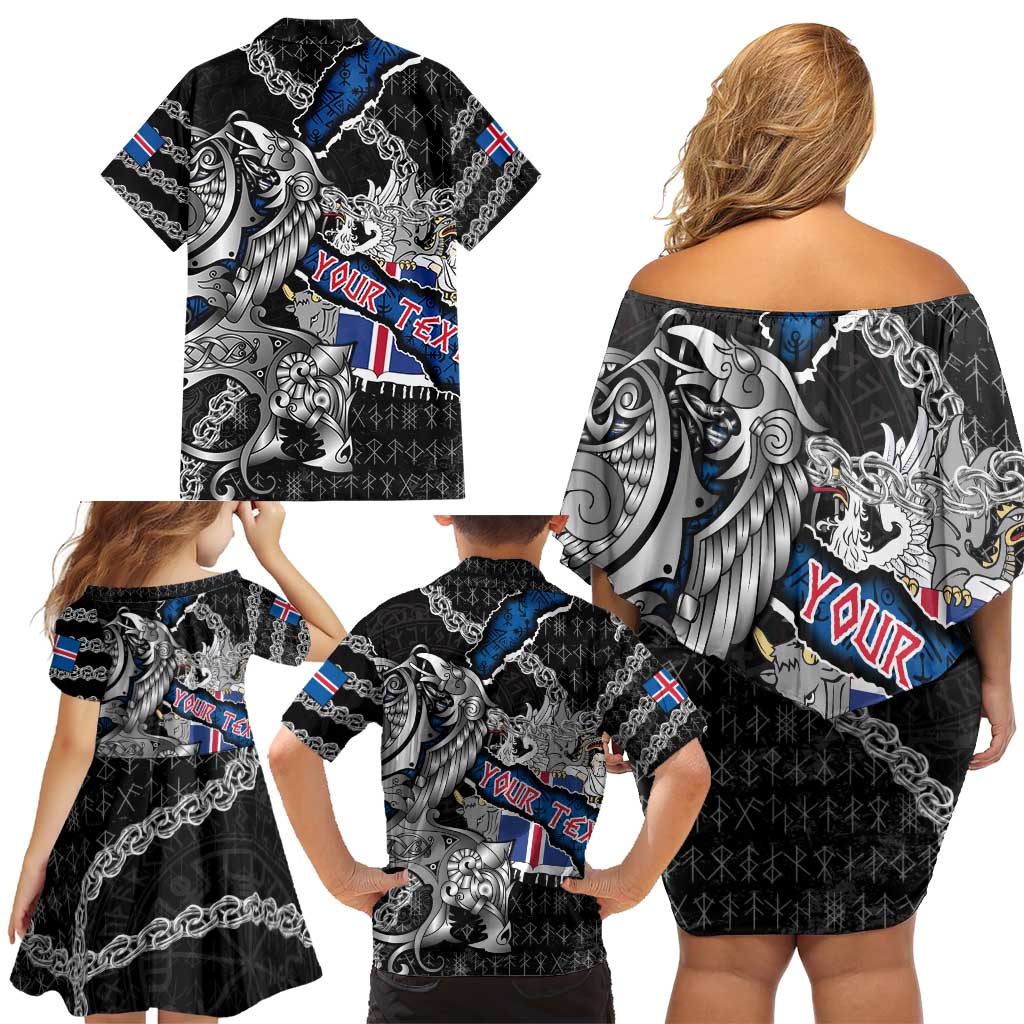 Personalized Iceland Vikings Family Matching Off Shoulder Short Dress and Hawaiian Shirt Nordic Lion Bound in Runes and Chains