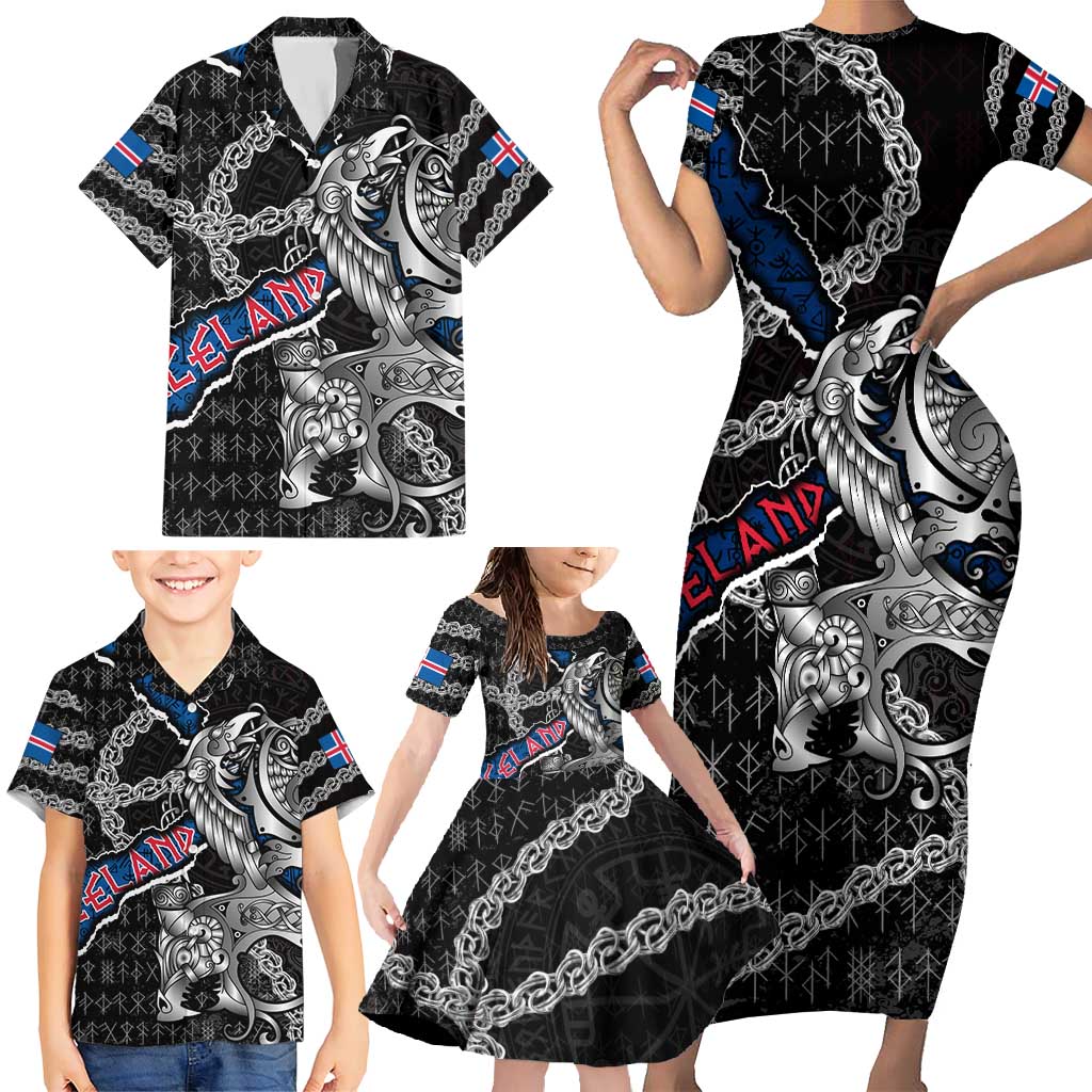 Personalized Iceland Vikings Family Matching Short Sleeve Bodycon Dress and Hawaiian Shirt Nordic Lion Bound in Runes and Chains
