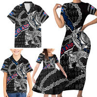 Personalized Iceland Vikings Family Matching Short Sleeve Bodycon Dress and Hawaiian Shirt Nordic Lion Bound in Runes and Chains