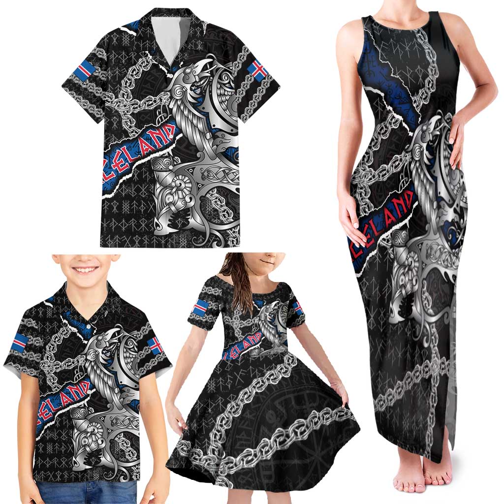 Personalized Iceland Vikings Family Matching Tank Maxi Dress and Hawaiian Shirt Nordic Lion Bound in Runes and Chains