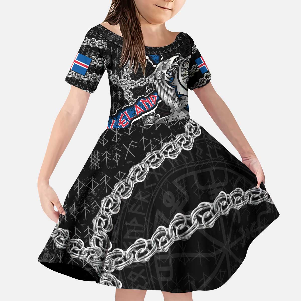 Personalized Iceland Vikings Kid Short Sleeve Dress Nordic Lion Bound in Runes and Chains