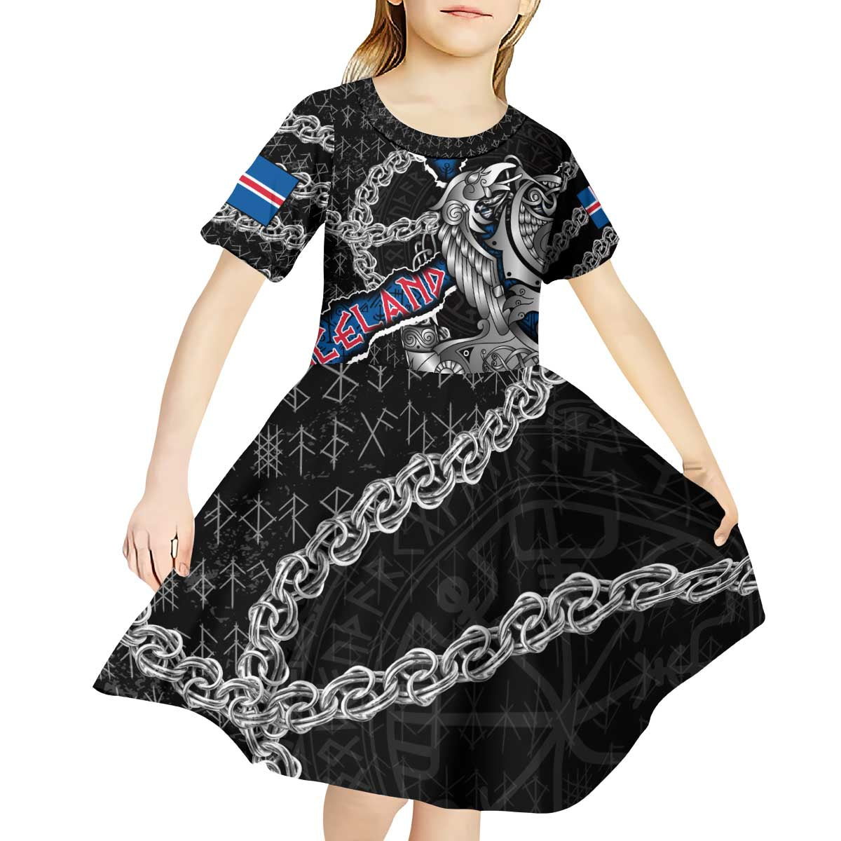 Personalized Iceland Vikings Kid Short Sleeve Dress Nordic Lion Bound in Runes and Chains