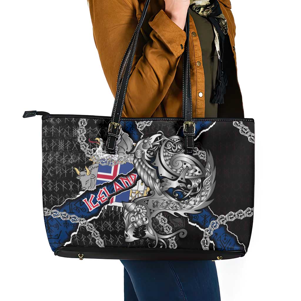 Iceland Vikings Leather Tote Bag Nordic Lion Bound in Runes and Chains