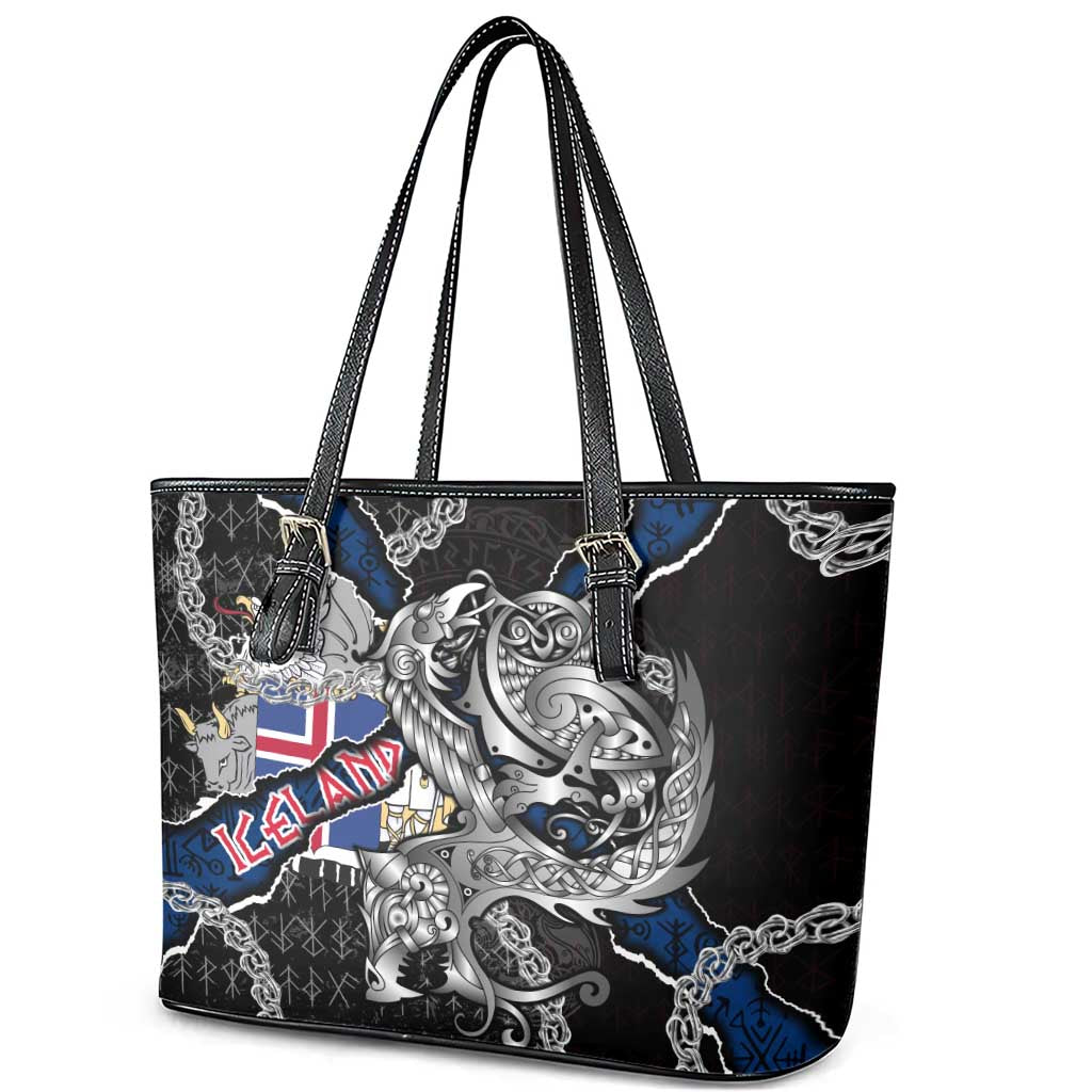 Iceland Vikings Leather Tote Bag Nordic Lion Bound in Runes and Chains