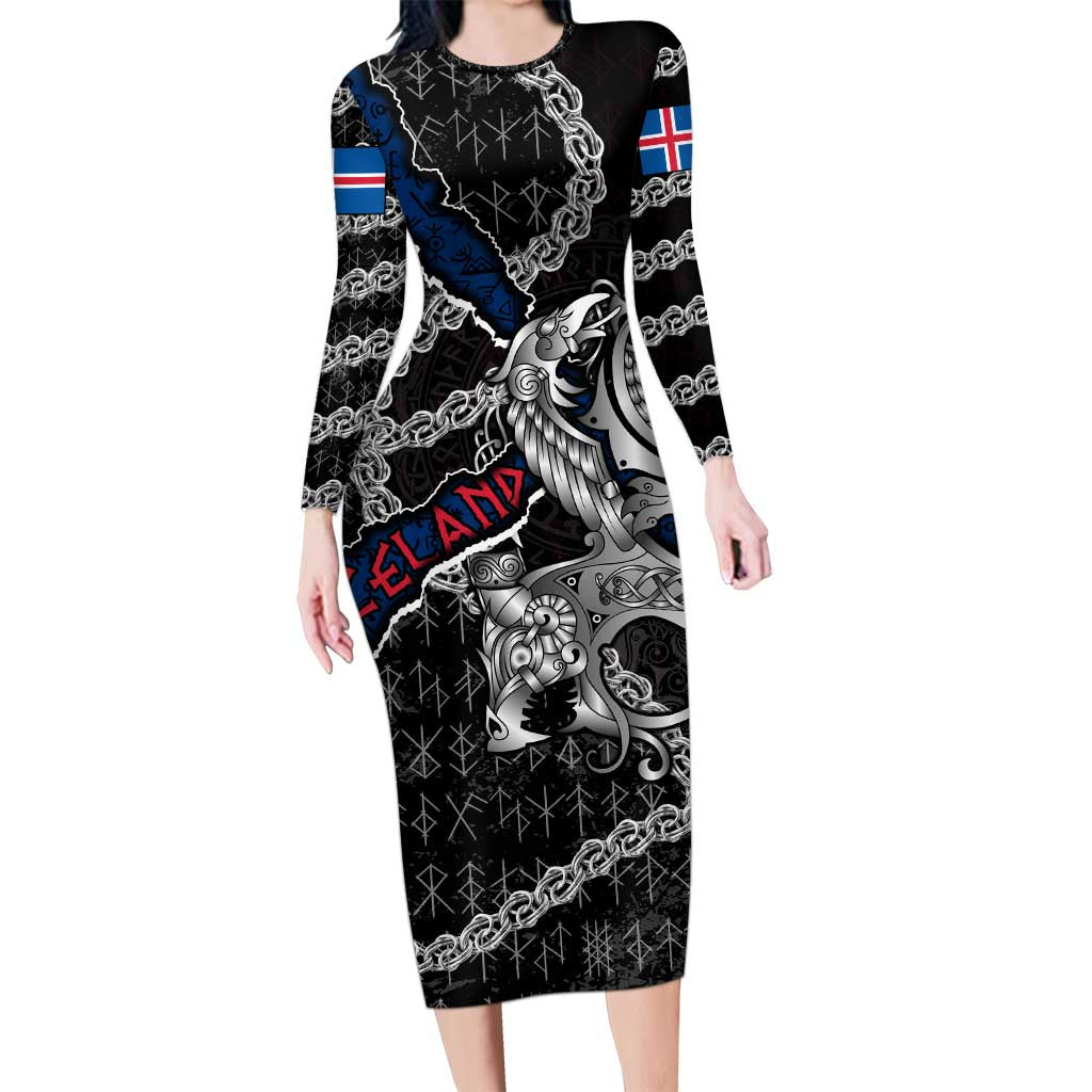 Personalized Iceland Vikings Long Sleeve Bodycon Dress Nordic Lion Bound in Runes and Chains