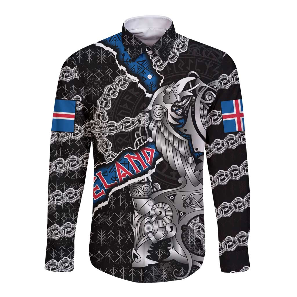 Personalized Iceland Vikings Long Sleeve Button Shirt Nordic Lion Bound in Runes and Chains