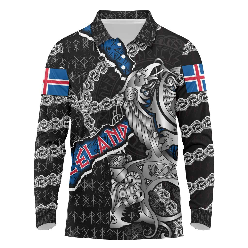 Personalized Iceland Vikings Long Sleeve Polo Shirt Nordic Lion Bound in Runes and Chains