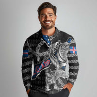 Personalized Iceland Vikings Long Sleeve Polo Shirt Nordic Lion Bound in Runes and Chains