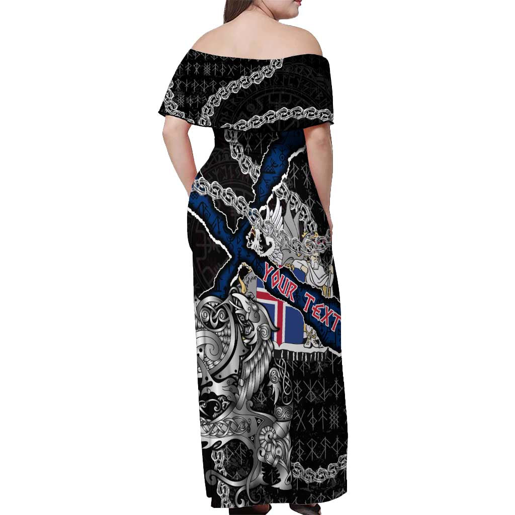 Personalized Iceland Vikings Off Shoulder Maxi Dress Nordic Lion Bound in Runes and Chains