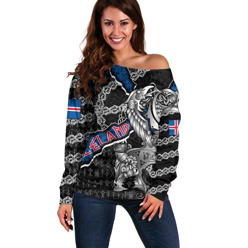 Personalized Iceland Vikings Off Shoulder Sweater Nordic Lion Bound in Runes and Chains