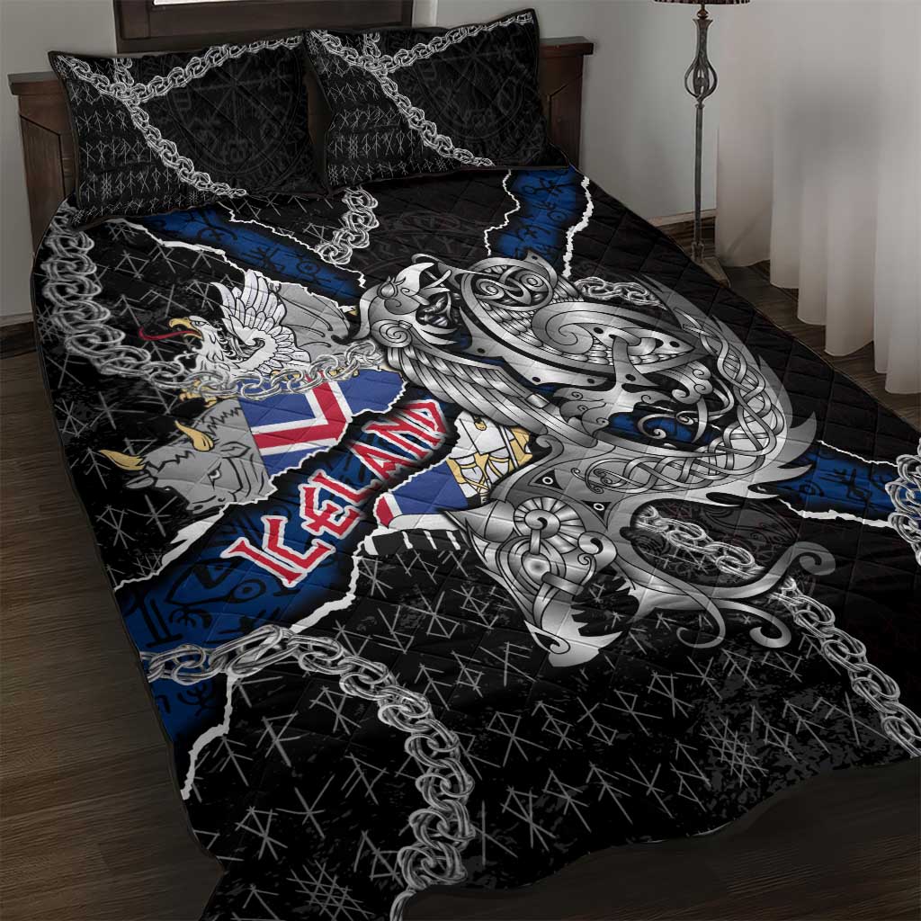 Iceland Vikings Quilt Bed Set Nordic Lion Bound in Runes and Chains