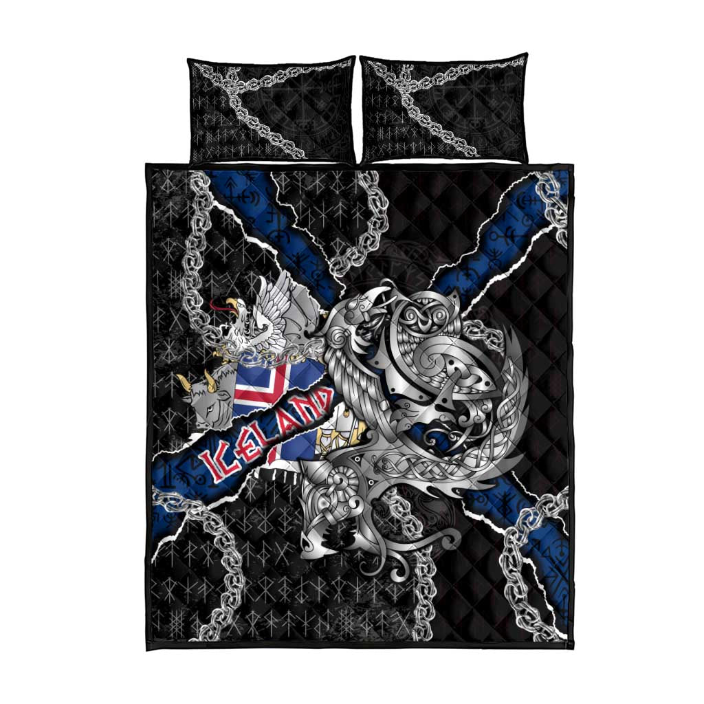 Iceland Vikings Quilt Bed Set Nordic Lion Bound in Runes and Chains
