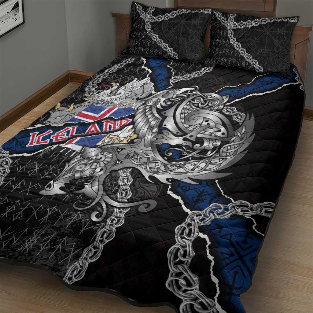 Iceland Vikings Quilt Bed Set Nordic Lion Bound in Runes and Chains