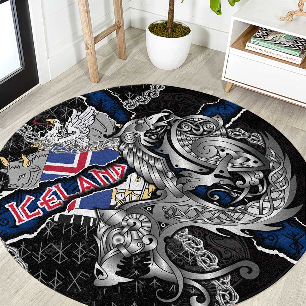 Iceland Vikings Round Carpet Nordic Lion Bound in Runes and Chains