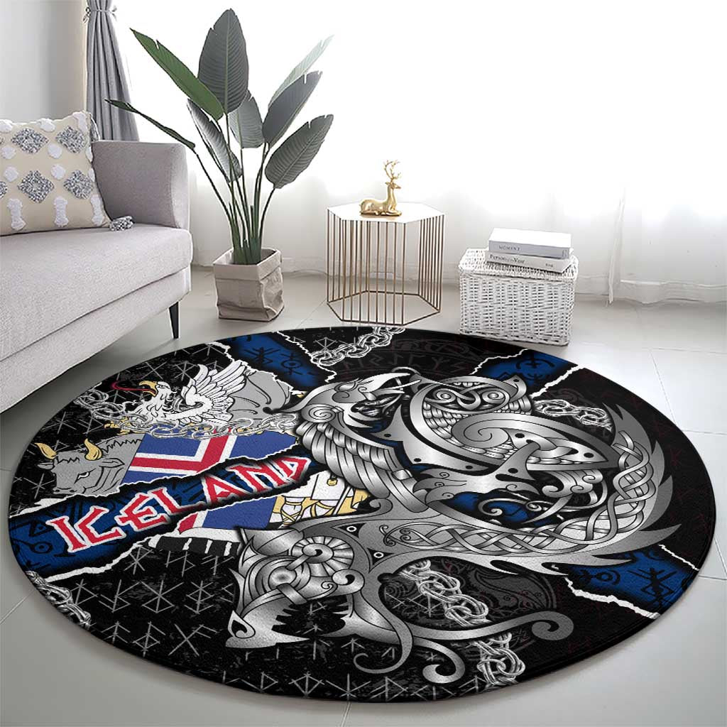 Iceland Vikings Round Carpet Nordic Lion Bound in Runes and Chains