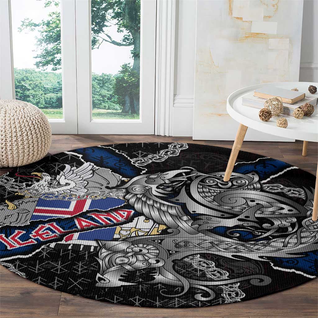 Iceland Vikings Round Carpet Nordic Lion Bound in Runes and Chains