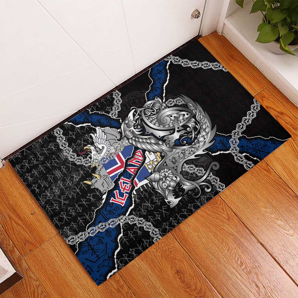 Iceland Vikings Rubber Doormat Nordic Lion Bound in Runes and Chains