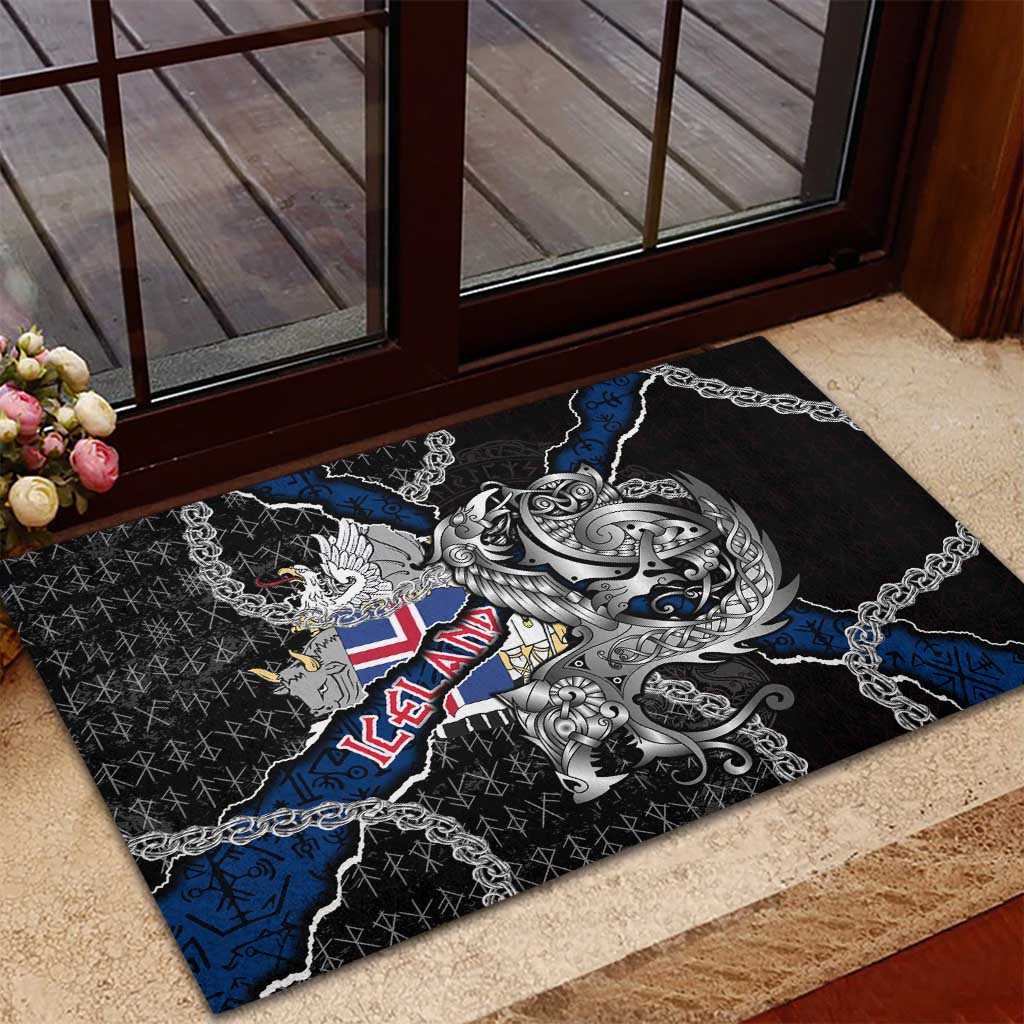 Iceland Vikings Rubber Doormat Nordic Lion Bound in Runes and Chains