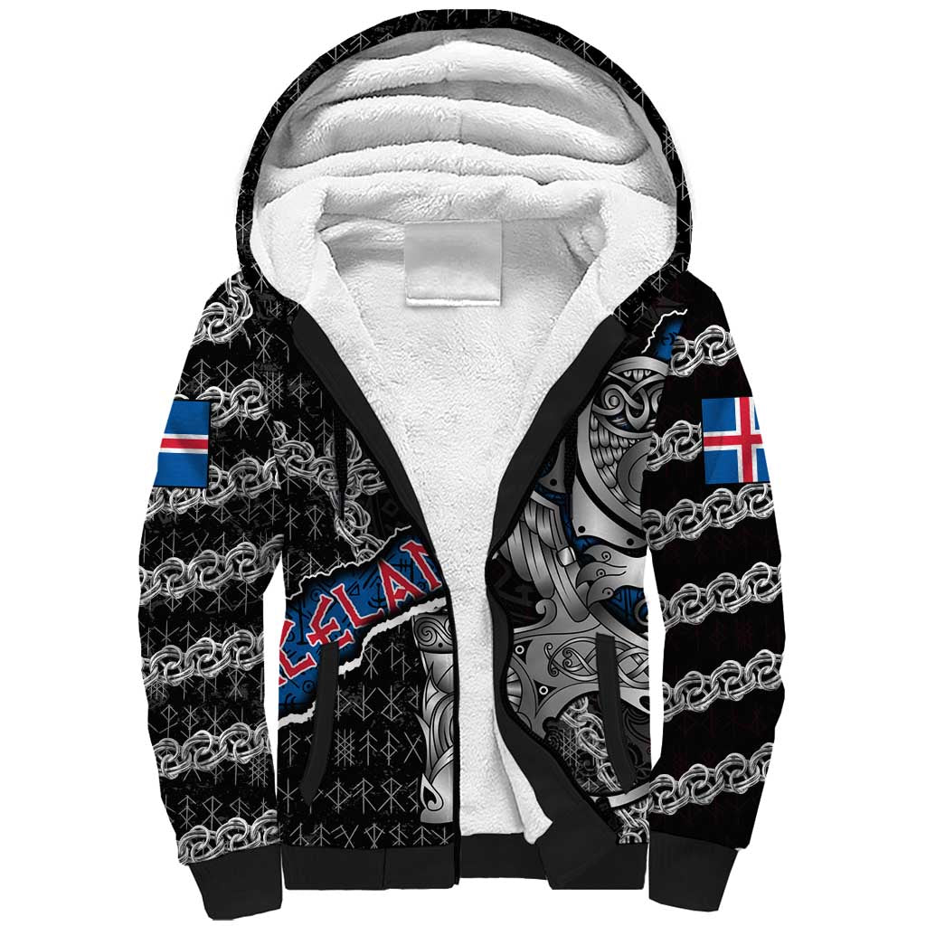 Personalized Iceland Vikings Sherpa Hoodie Nordic Lion Bound in Runes and Chains