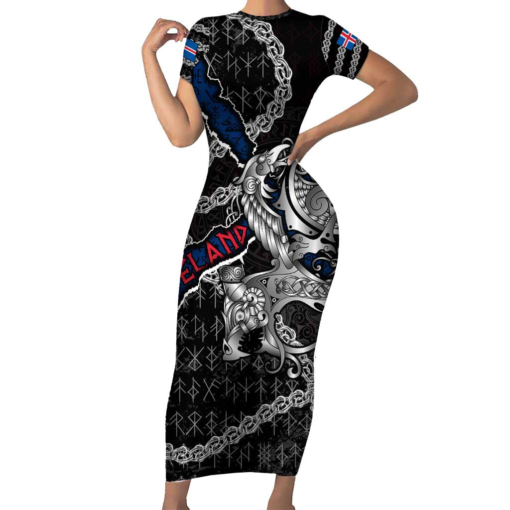 Personalized Iceland Vikings Short Sleeve Bodycon Dress Nordic Lion Bound in Runes and Chains