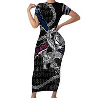 Personalized Iceland Vikings Short Sleeve Bodycon Dress Nordic Lion Bound in Runes and Chains