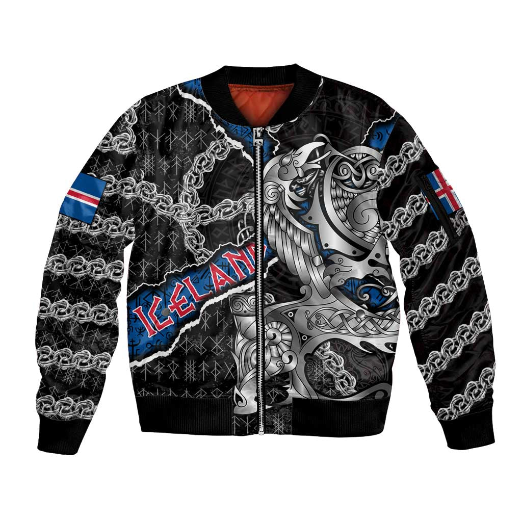 Personalized Iceland Vikings Sleeve Zip Bomber Jacket Nordic Lion Bound in Runes and Chains