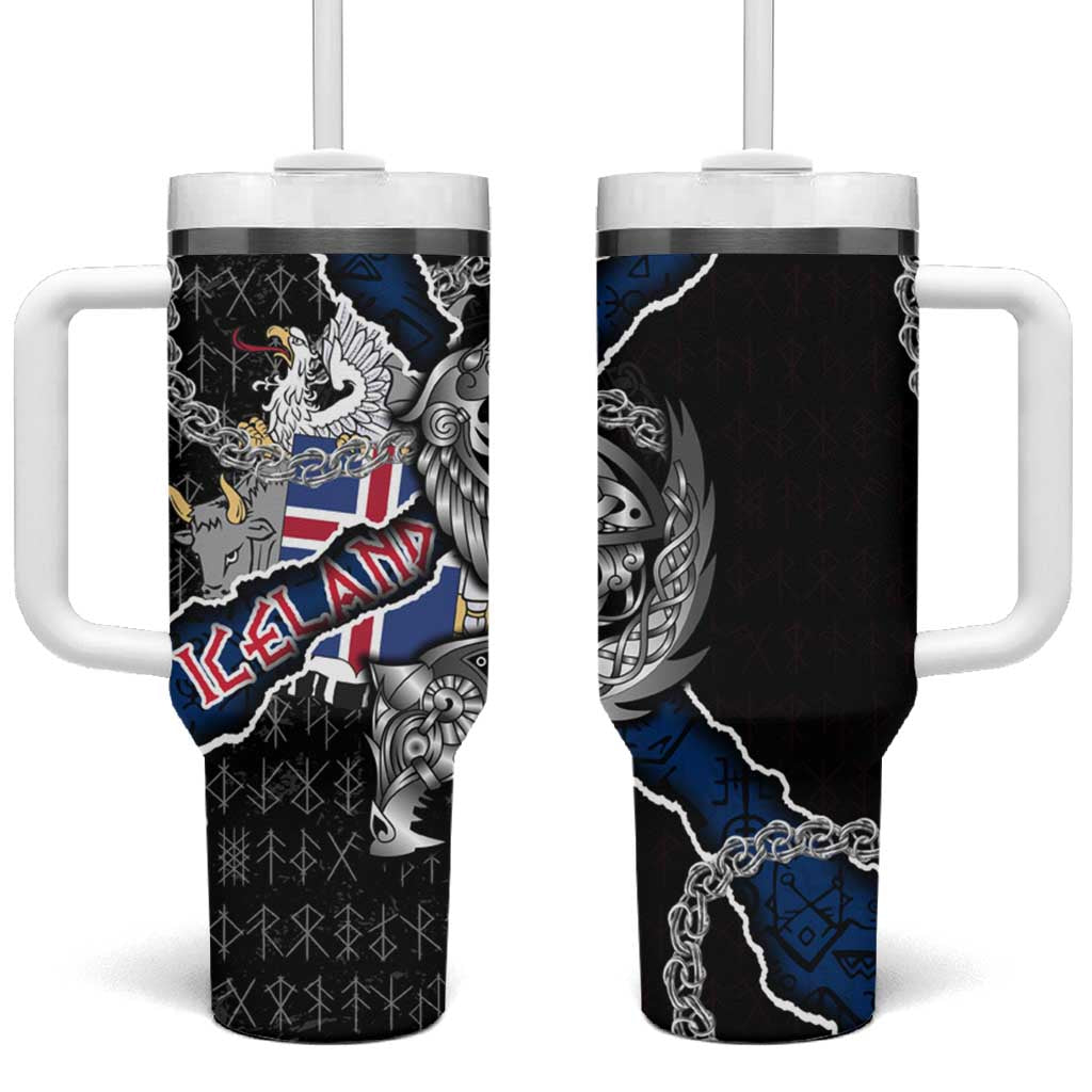 Iceland Vikings Tumbler With Handle Nordic Lion Bound in Runes and Chains