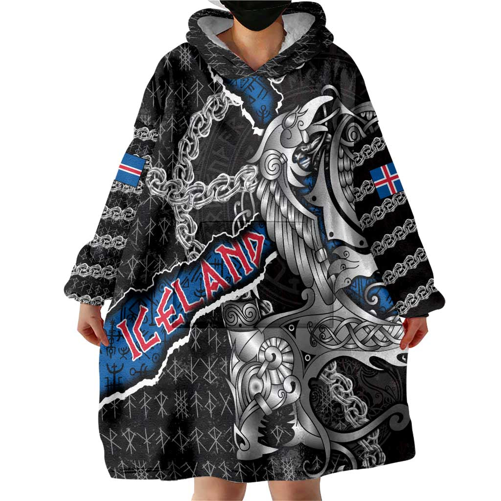 Personalized Iceland Vikings Wearable Blanket Hoodie Nordic Lion Bound in Runes and Chains