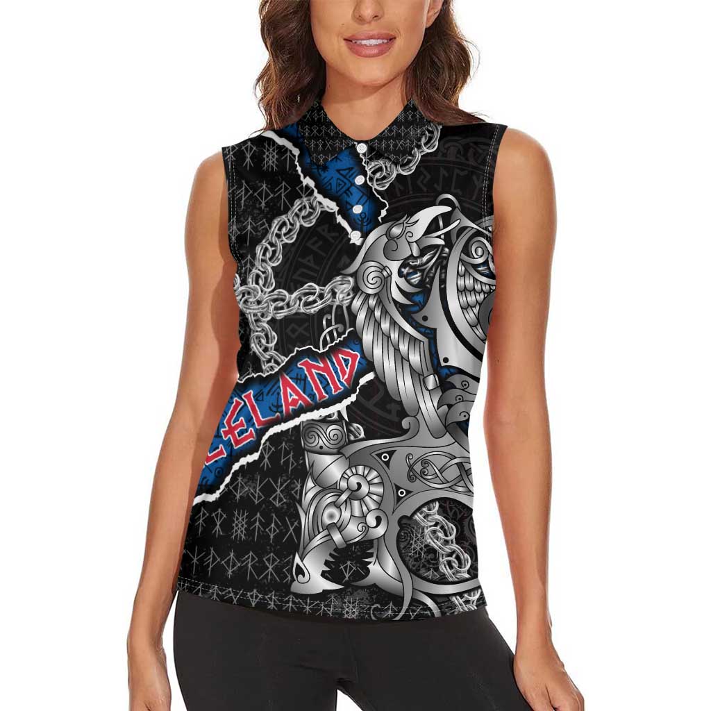 Personalized Iceland Vikings Women Sleeveless Polo Shirt Nordic Lion Bound in Runes and Chains