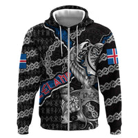 Personalized Iceland Vikings Zip Hoodie Nordic Lion Bound in Runes and Chains