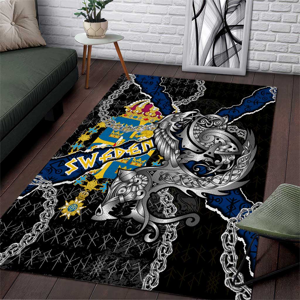 Sweden Vikings Area Rug Nordic Lion Bound in Runes and Chains