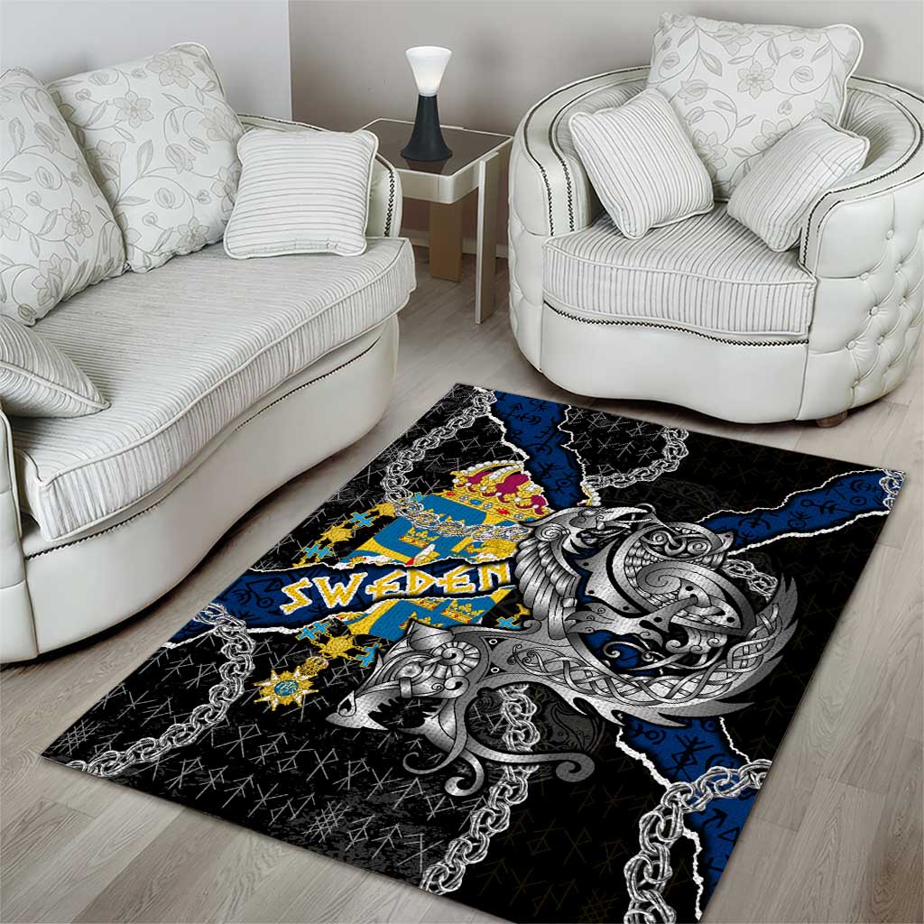 Sweden Vikings Area Rug Nordic Lion Bound in Runes and Chains