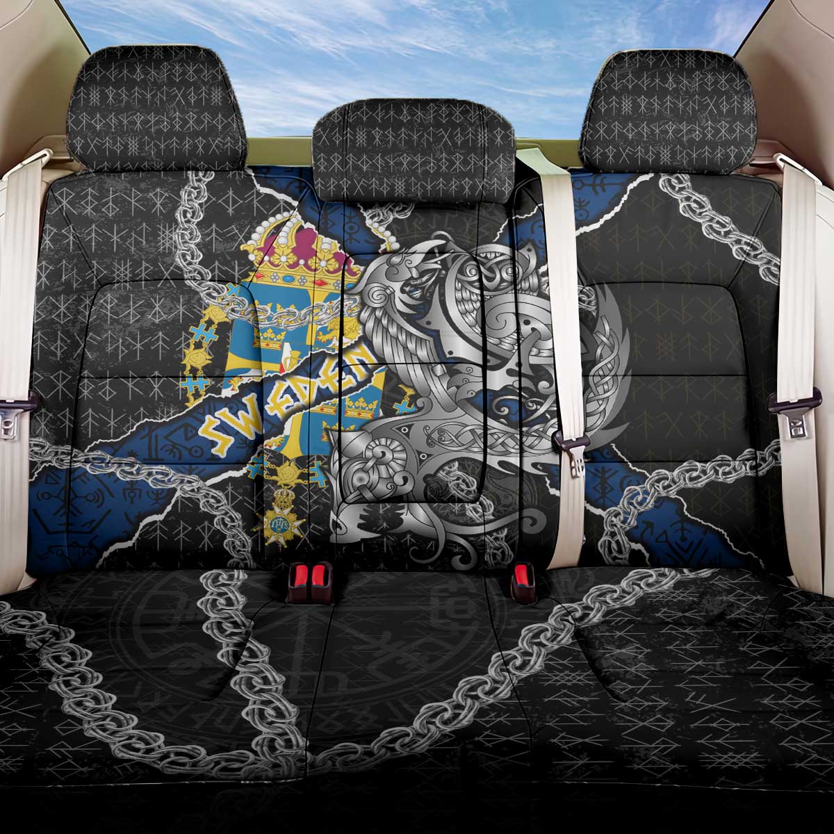 Sweden Vikings Back Car Seat Cover Nordic Lion Bound in Runes and Chains