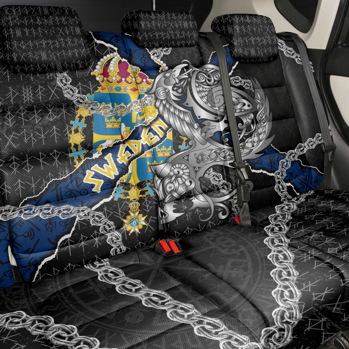 Sweden Vikings Back Car Seat Cover Nordic Lion Bound in Runes and Chains