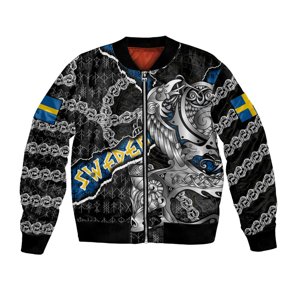 Personalized Sweden Vikings Bomber Jacket Nordic Lion Bound in Runes and Chains
