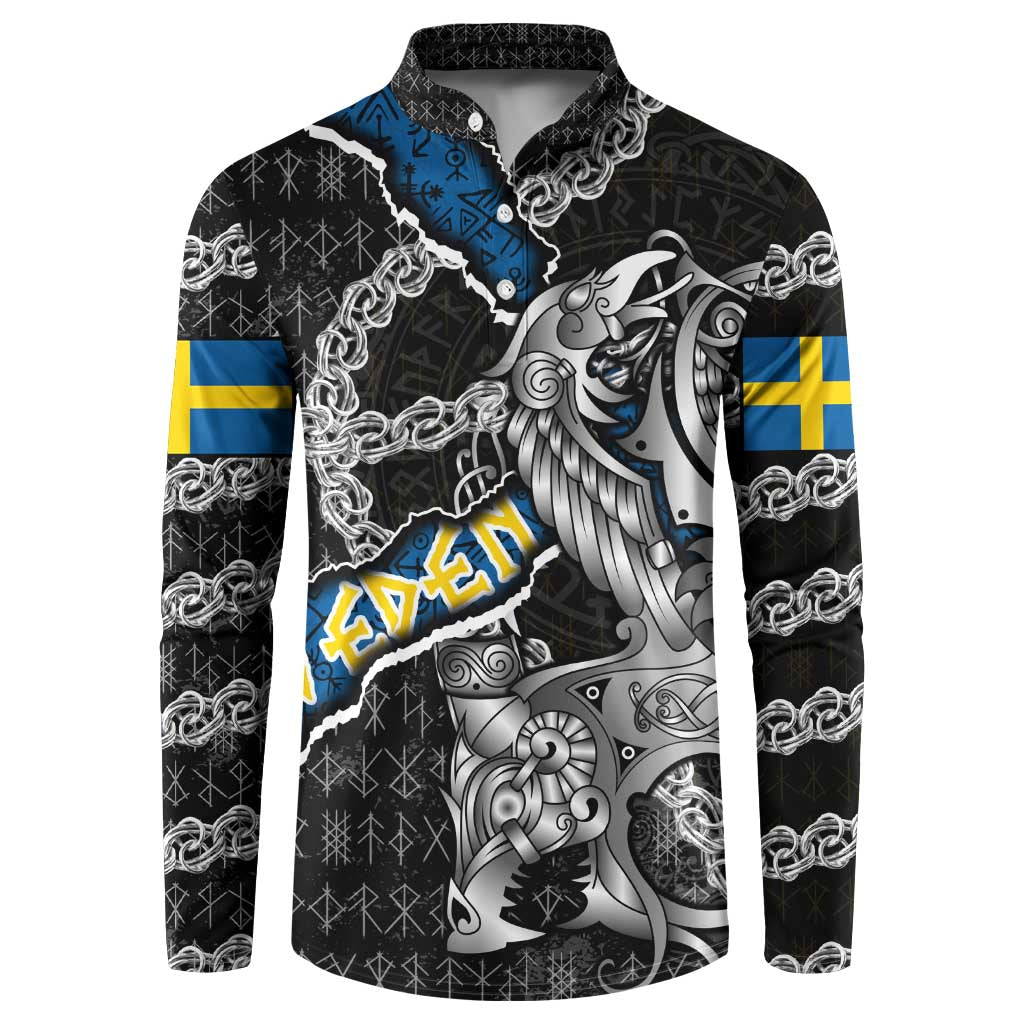 Personalized Sweden Vikings Button Sweatshirt Nordic Lion Bound in Runes and Chains