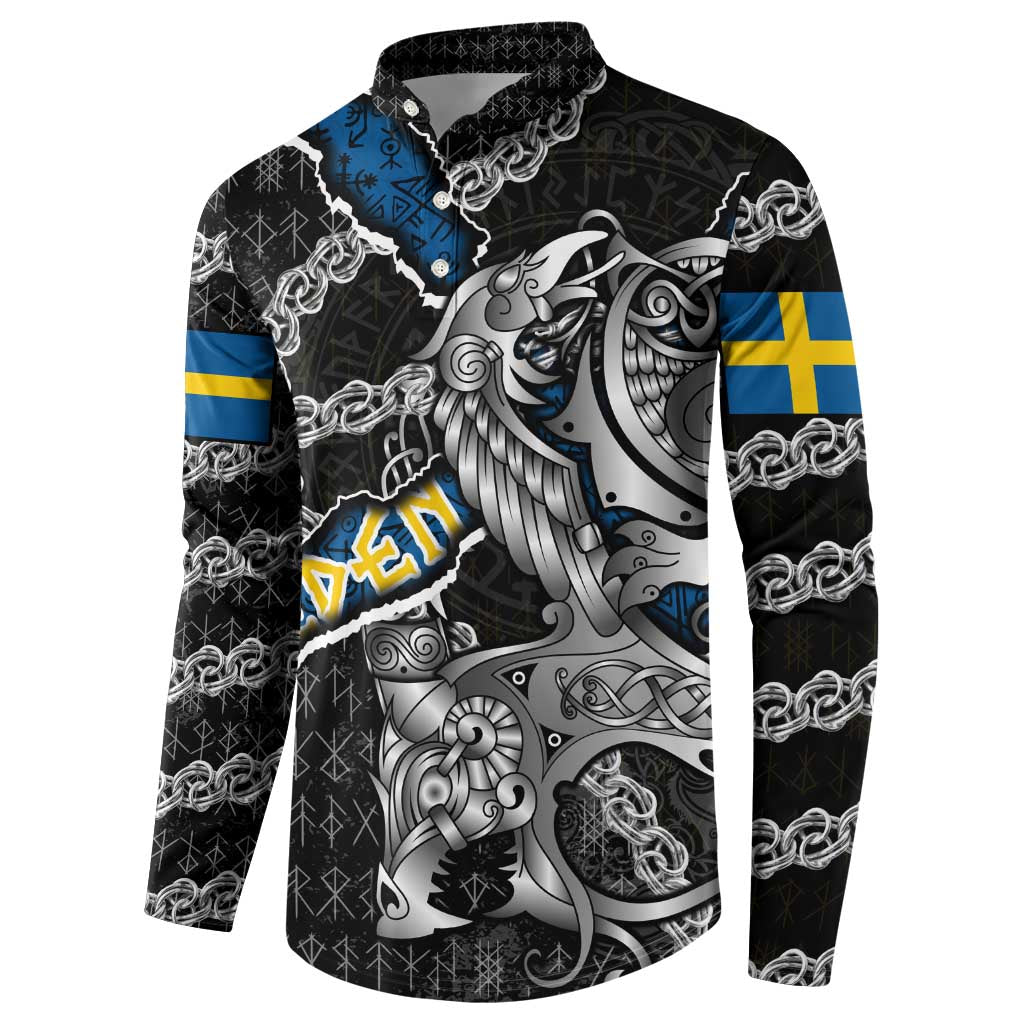 Personalized Sweden Vikings Button Sweatshirt Nordic Lion Bound in Runes and Chains
