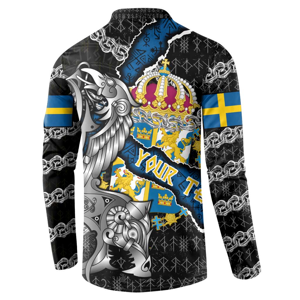 Personalized Sweden Vikings Button Sweatshirt Nordic Lion Bound in Runes and Chains